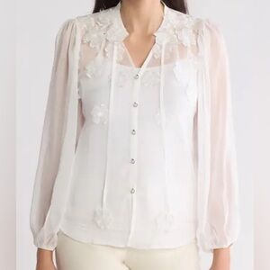 *NWT* Adrianna Papell Long Sleeve Chiffon Blouse with Flower Details
